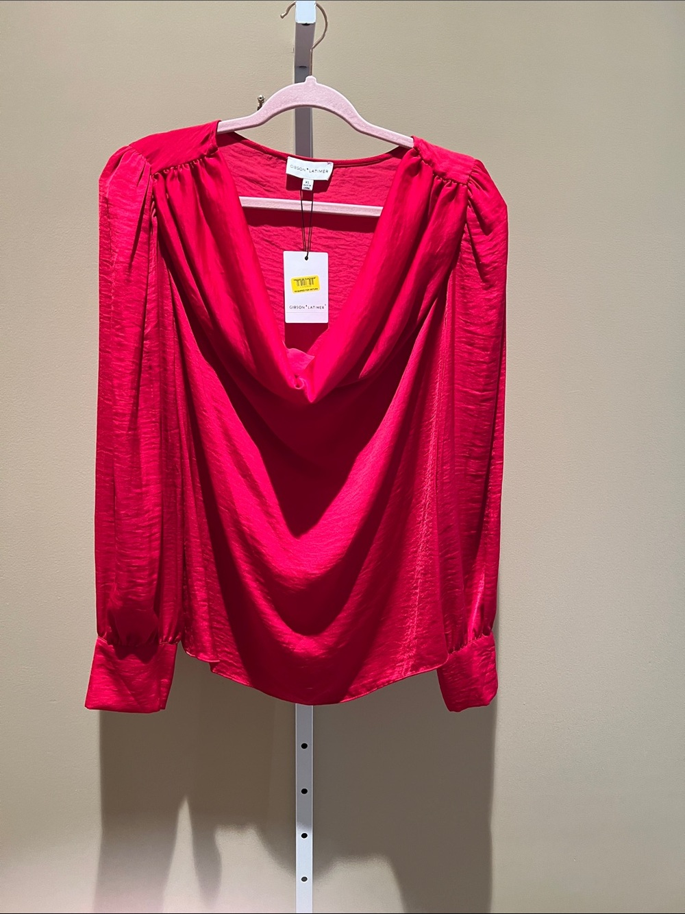 Gibson Latimer Red Draped Cowl Neck Blouse